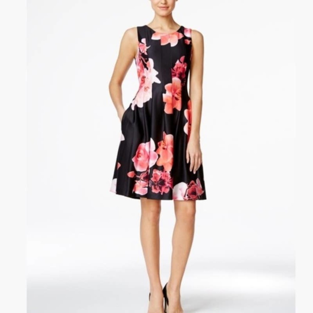 Calvin Klein Black Floral Fit and Flare Dress Size 4 Black Coral Pink